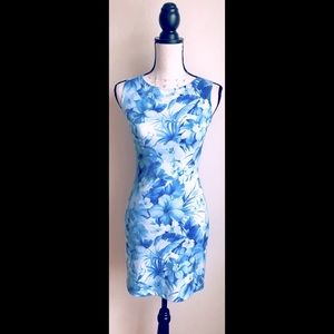 Blue & White Floral Dress, Sleeveless, Stretch & Fitted, Knee-Length, Sz. S